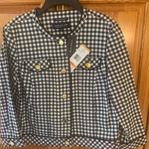 NEW Jones NY Short Stretch Jacket Black & White Check PS Button Front Long Sleev